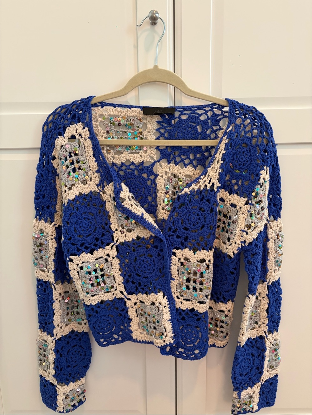 ZARA Blue & Cream Crochet Sequin Cardigan Sweater